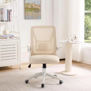 Beige Mid-Back Desk Chair – Ergonomic Swivel Office Chair with Adjustable Arms & Mesh Lumbar Support